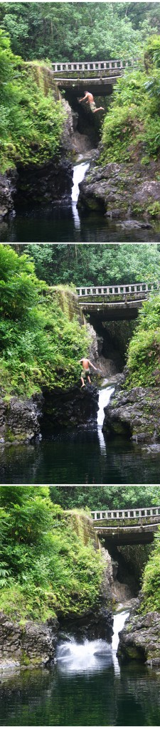 Maui Guidebook Ching's Pond on the Road to Hana, Maui No psychologist needed - jumping feet first here means this guy is at least partially sane.