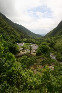Iao Valley State Park - Maui Guidebook View looking out toward the parking lot, and Wailuku beyond. (click photo to see detail)