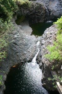 Pipiwai Trail Pools in Haleakala National Park, Kipahulu (aka Seven Sacred Pools Oheo Gulch) in Maui, Hawaii. A couple pools you'll see from one of the bridges. Hint: They're bigger than they look from up here!