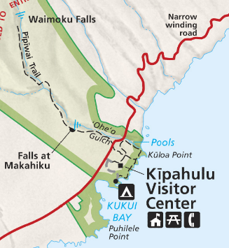 Maui Guidebook Pipiwai Trail map This National Park Service Map more accurately shows the trail and streams. <BR> (click to open a full Haleakala National Park map from nps.gov in a new window)