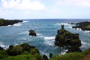 Waianapanapa State Park islet, Hana, Maui, HI During calmer seas daring locals swim to and scale to the top of this islet for cliff jumping fun.